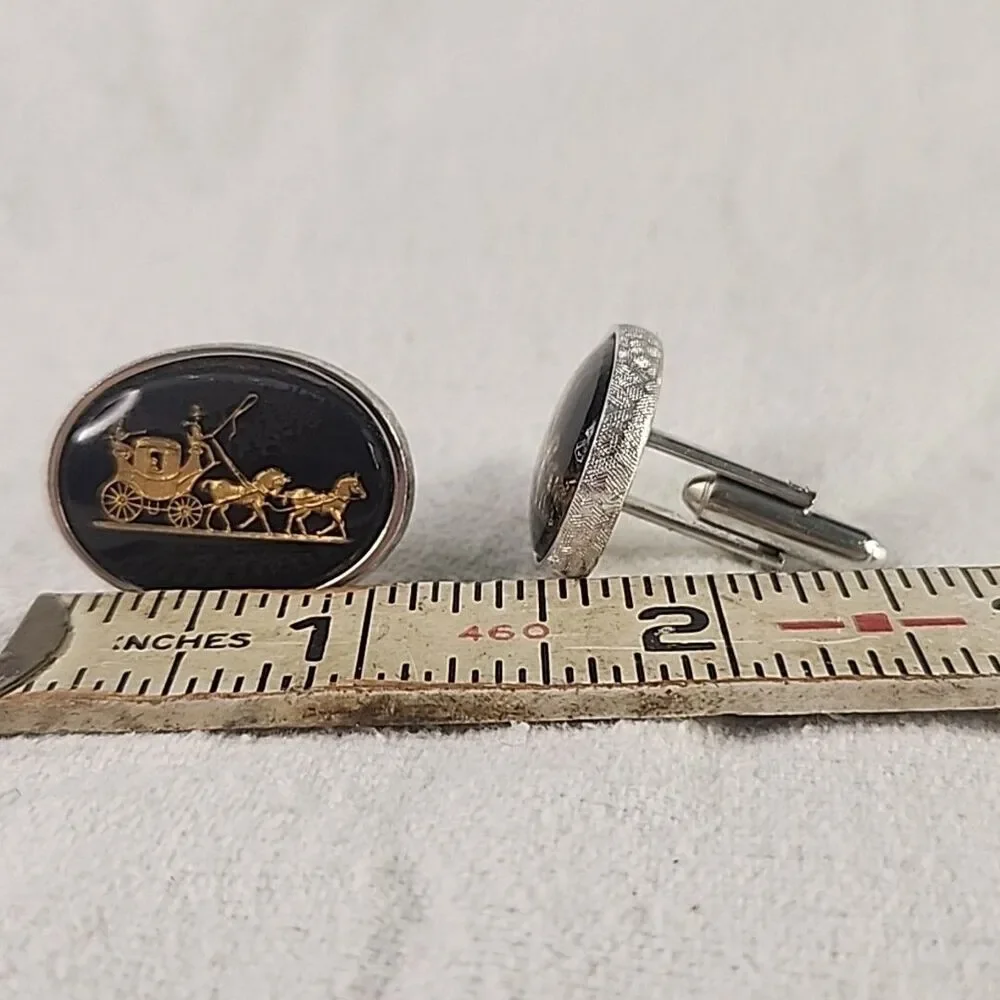 Cufflinks Silver Celluloid And Gold Colored Raised Metal Stagecoach Shields VNTG